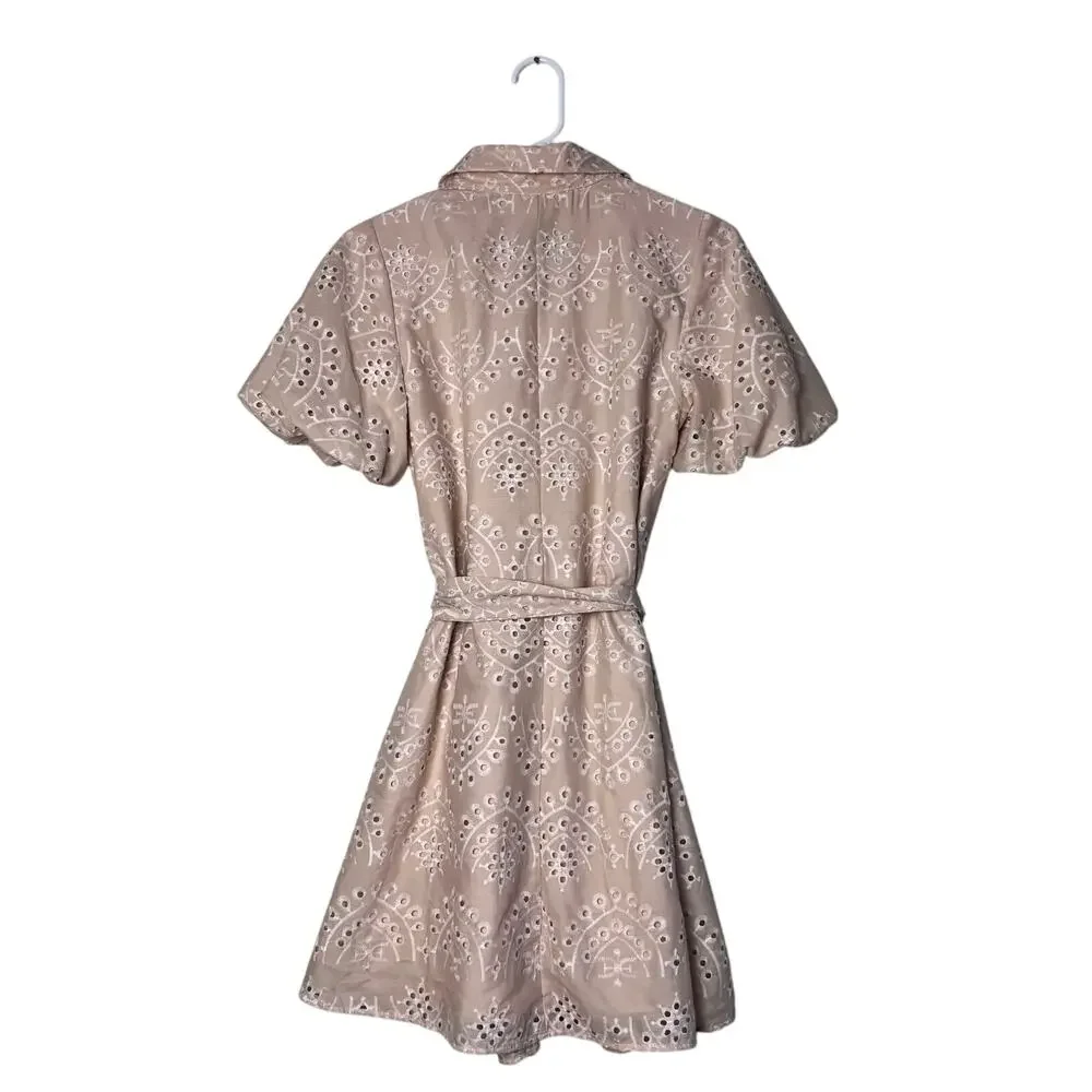 Sam Edelman Eyelet Shirt Dress Beige Puff Sleeve Belted Mini Dress Size 2 - Picture 6 of 10